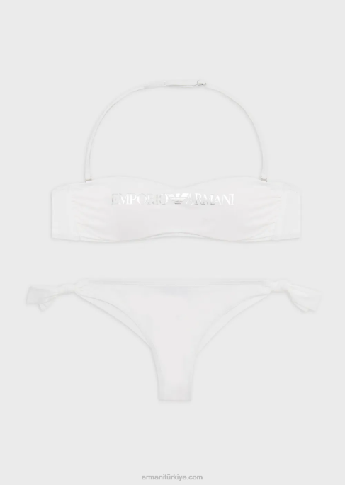 kadınlar Armani logolu geri dönüştürülmüş naylon bandeau bikini beyaz T8HD2