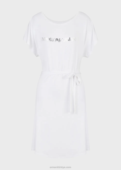 kadınlar Armani logolu streç viskon plaj elbisesi beyaz T8HD13