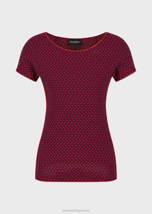 kadınlar Armani 3 boyutlu efektli streç jakarlı jarseden kısa kollu kazakT8HD470