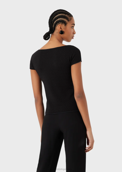 kadınlar Armani 3 boyutlu efektli streç jakarlı jarseden kısa kollu kazakT8HD470