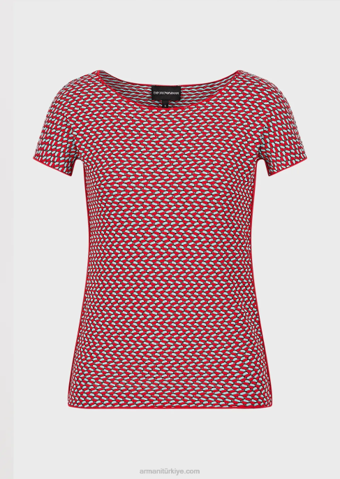 kadınlar Armani 3 boyutlu efektli streç jakarlı jarseden kısa kollu kazakT8HD472