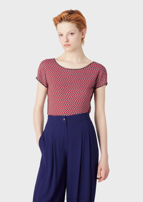 kadınlar Armani 3 boyutlu efektli streç jakarlı jarseden kısa kollu kazakT8HD472