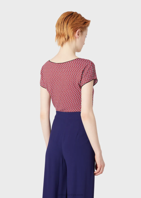 kadınlar Armani 3 boyutlu efektli streç jakarlı jarseden kısa kollu kazakT8HD472