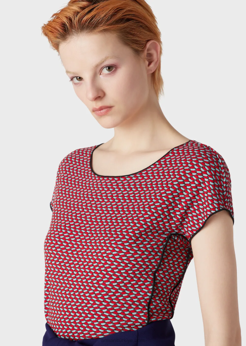 kadınlar Armani 3 boyutlu efektli streç jakarlı jarseden kısa kollu kazakT8HD472