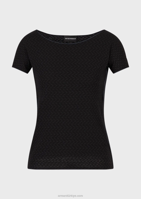 kadınlar Armani 3 boyutlu efektli streç jakarlı jarseden kısa kollu kazak siyah T8HD471