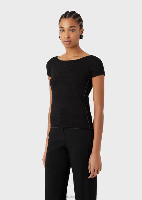 kadınlar Armani 3 boyutlu efektli streç jakarlı jarseden kısa kollu kazak siyah T8HD471