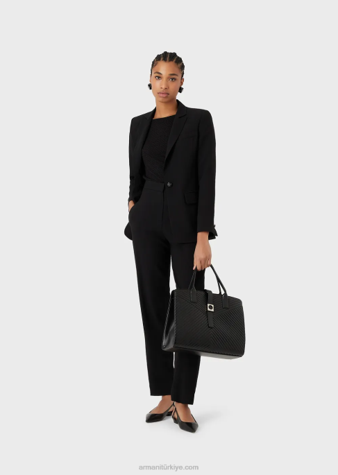 kadınlar Armani 3 boyutlu efektli streç jakarlı jarseden kısa kollu kazak siyah T8HD471