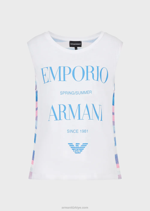 kadınlar Armani Arkası logolu ve baskılı, yumuşak, organik jarse kolsuz üst model T8HD429