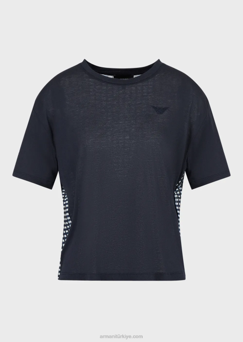 kadınlar Armani arkası baskılı organik streç jarse tişört lacivert T8HD426