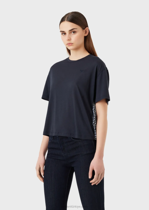 kadınlar Armani arkası baskılı organik streç jarse tişört lacivert T8HD426