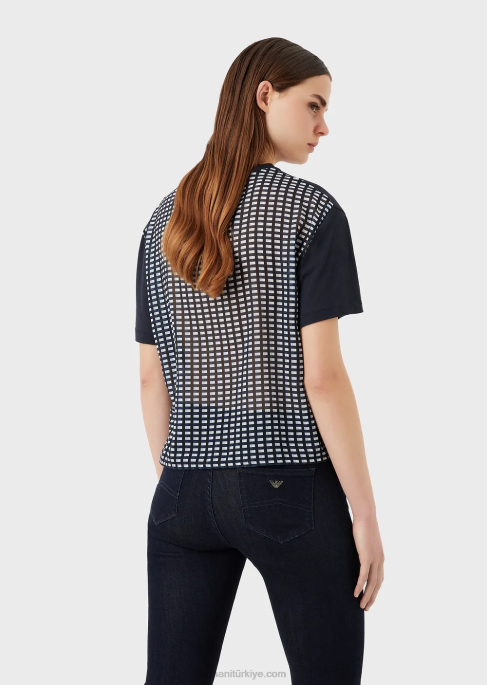 kadınlar Armani arkası baskılı organik streç jarse tişört lacivert T8HD426