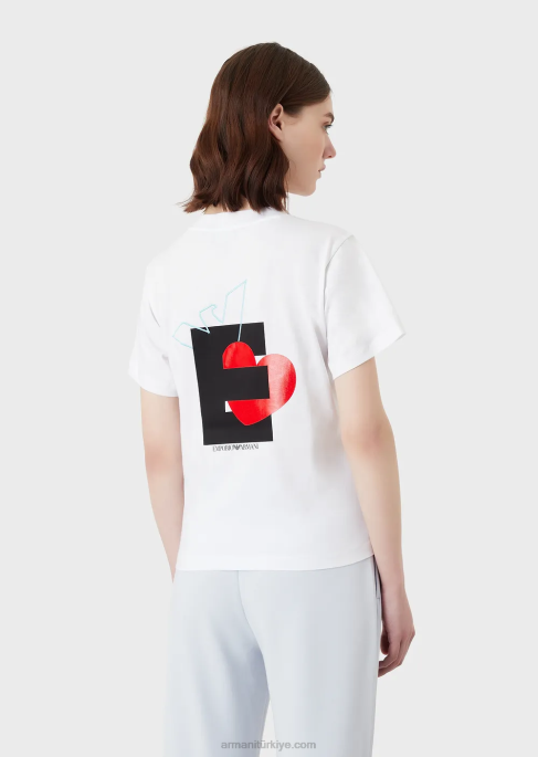 kadınlar Armani büyük beden e yamalı ve baskılı organik streç jarse tişört beyaz T8HD465