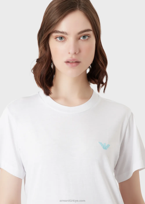 kadınlar Armani büyük beden e yamalı ve baskılı organik streç jarse tişört beyaz T8HD465