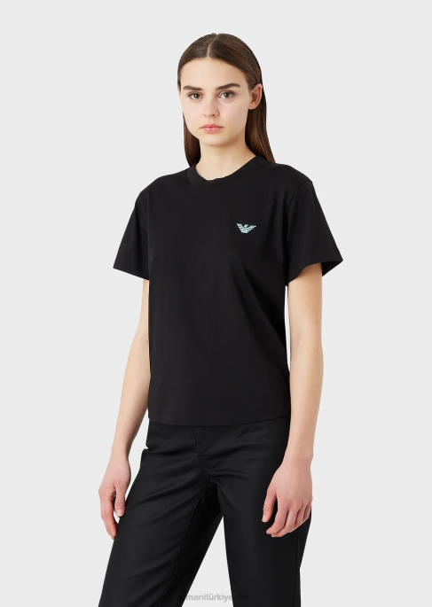 kadınlar Armani büyük beden e yamalı ve baskılı organik streç jarse tişört siyah T8HD464