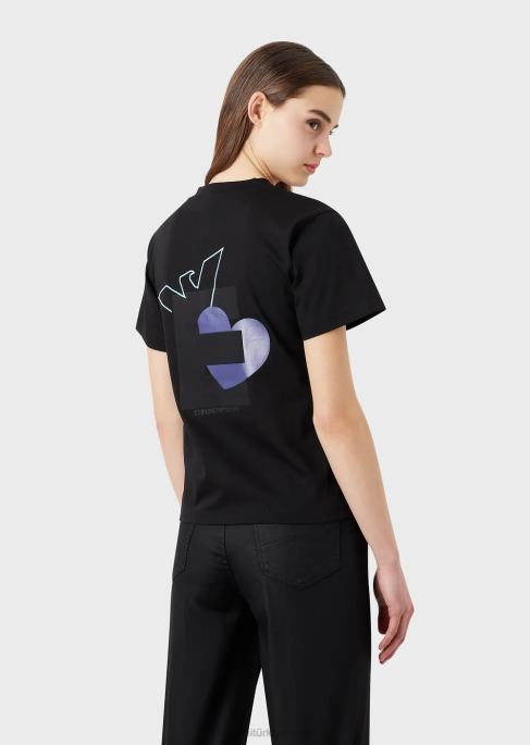 kadınlar Armani büyük beden e yamalı ve baskılı organik streç jarse tişört siyah T8HD464