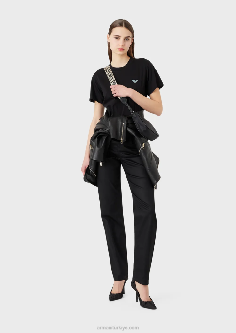 kadınlar Armani büyük beden e yamalı ve baskılı organik streç jarse tişört siyah T8HD464