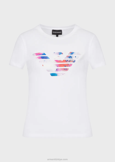 kadınlar Armani büyük beden kartal desenli streç jarse tişört beyaz T8HD458