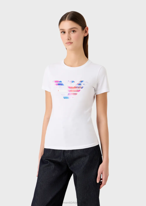 kadınlar Armani büyük beden kartal desenli streç jarse tişört beyaz T8HD458