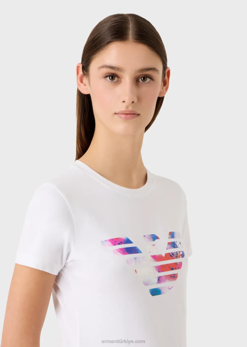 kadınlar Armani büyük beden kartal desenli streç jarse tişört beyaz T8HD458
