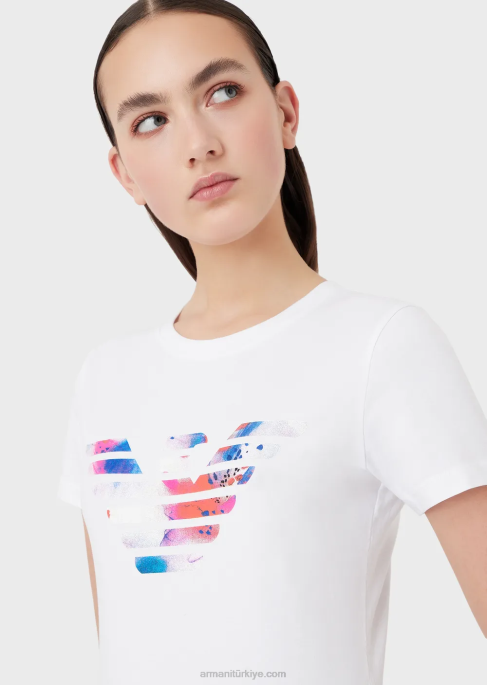 kadınlar Armani büyük beden kartal desenli streç jarse tişört beyaz T8HD458