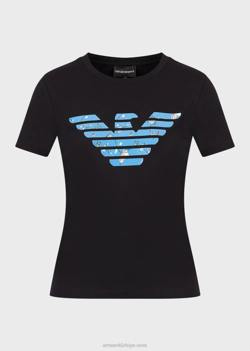 kadınlar Armani büyük beden kartal desenli streç jarse tişört lacivert T8HD459