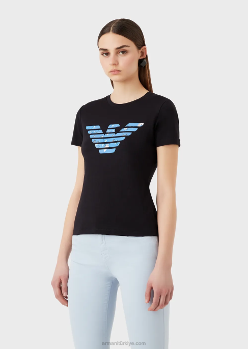 kadınlar Armani büyük beden kartal desenli streç jarse tişört lacivert T8HD459