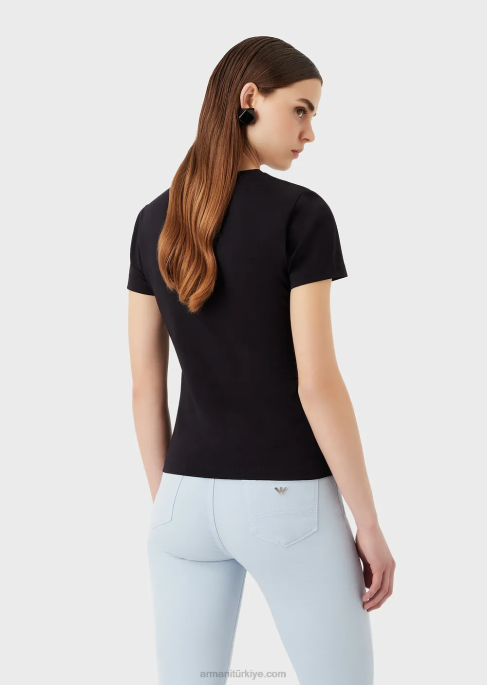 kadınlar Armani büyük beden kartal desenli streç jarse tişört lacivert T8HD459