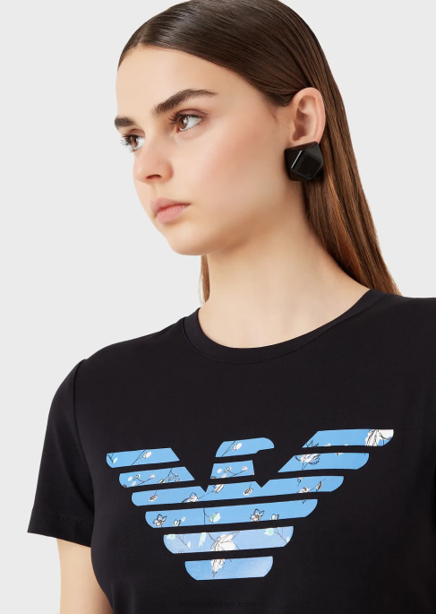 kadınlar Armani büyük beden kartal desenli streç jarse tişört lacivert T8HD459