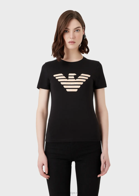 kadınlar Armani büyük beden kartal desenli streç jarse tişört siyah T8HD457