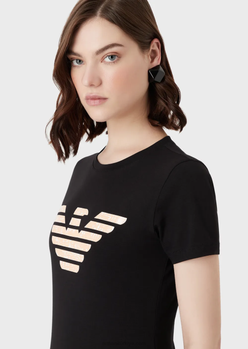 kadınlar Armani büyük beden kartal desenli streç jarse tişört siyah T8HD457