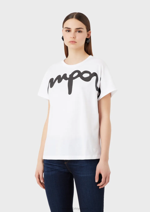 kadınlar Armani büyük beden lastikli italik logolu hafif organik jarse tişört beyaz T8HD434