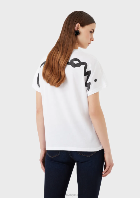 kadınlar Armani büyük beden lastikli italik logolu hafif organik jarse tişört beyaz T8HD434