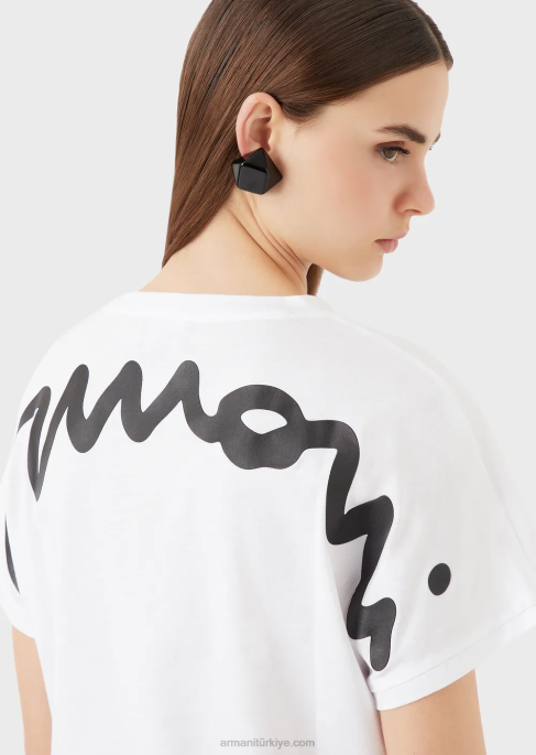 kadınlar Armani büyük beden lastikli italik logolu hafif organik jarse tişört beyaz T8HD434