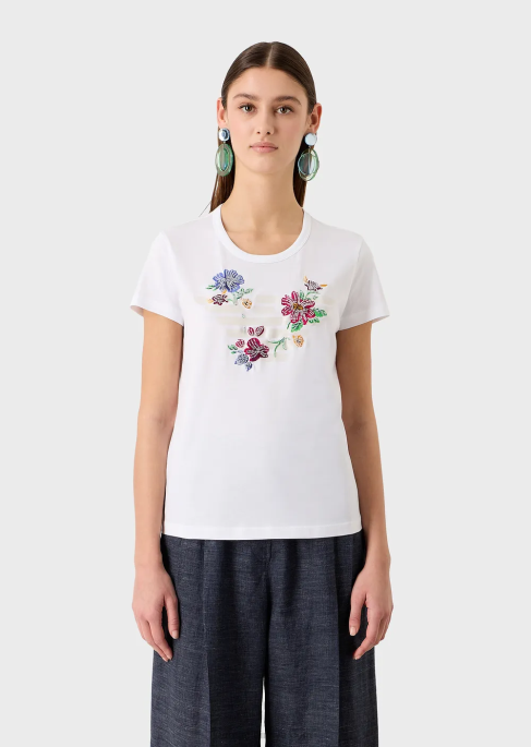 kadınlar Armani büyük boy kauçuk kartal ve boncuklu çiçek işlemeli jarse tişört beyaz T8HD490