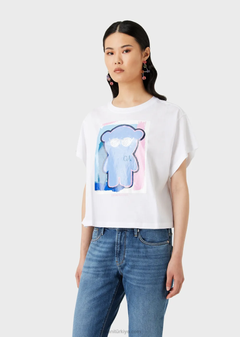 kadınlar Armani büyük boy manga ayı baskılı hafif jarse, dar kesim tişört beyaz T8HD455