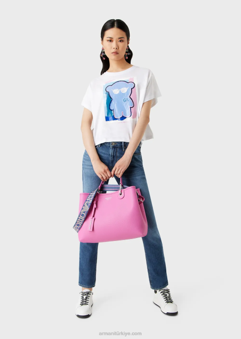 kadınlar Armani büyük boy manga ayı baskılı hafif jarse, dar kesim tişört beyaz T8HD455