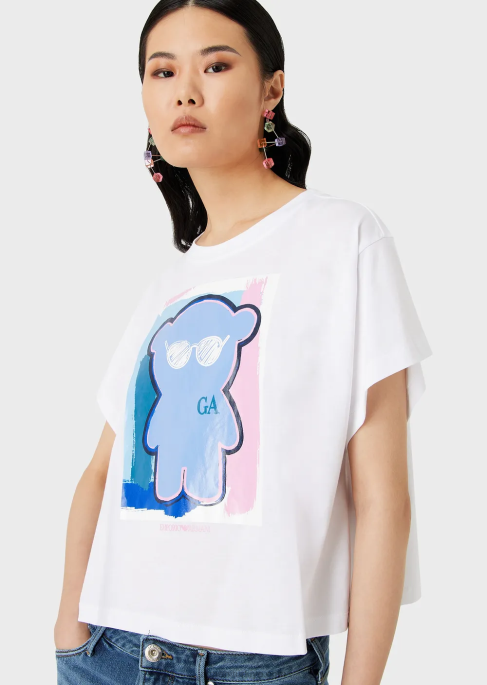 kadınlar Armani büyük boy manga ayı baskılı hafif jarse, dar kesim tişört beyaz T8HD455