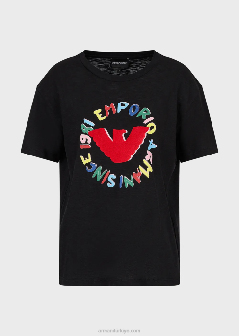kadınlar Armani kartal baskılı ve işlemeli şantuk jarse tişört siyah T8HD441