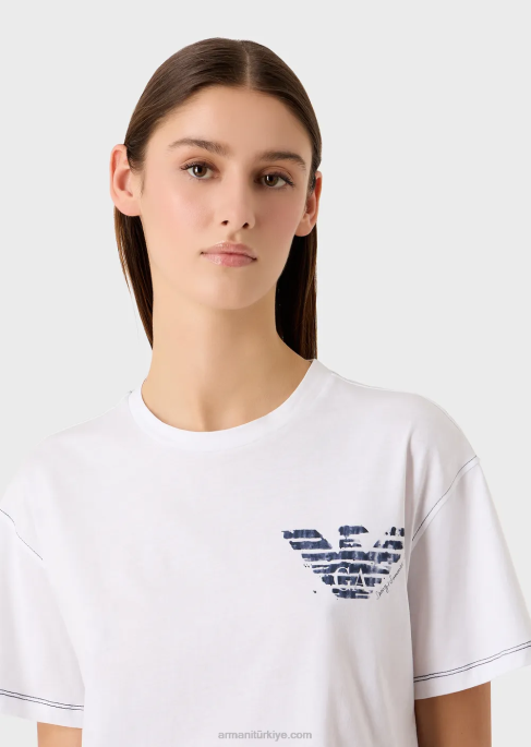 kadınlar Armani logo işlemeli ve batik kartallı mare kapsül koleksiyonu hafif jarse tişört beyaz T8HD433