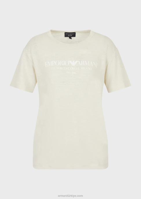 kadınlar Armani logolu keten karışımlı düğümlü jarse tişört bej T8HD467