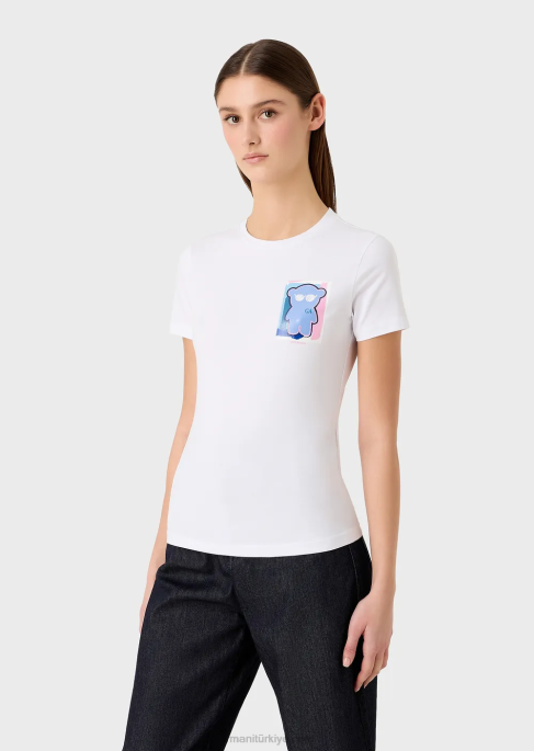 kadınlar Armani manga ayı baskılı streç jarse tişört beyaz T8HD454
