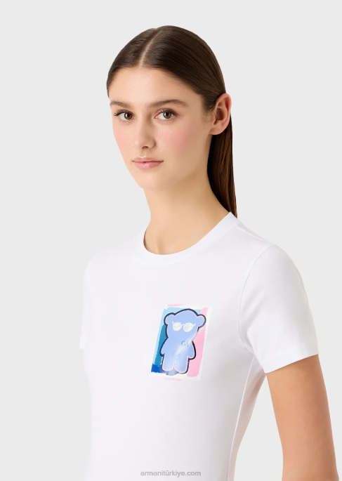 kadınlar Armani manga ayı baskılı streç jarse tişört beyaz T8HD454