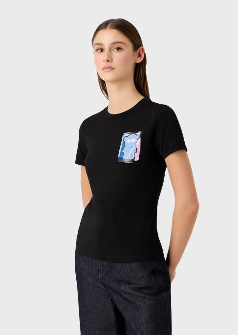 kadınlar Armani manga ayı baskılı streç jarse tişört siyah T8HD453