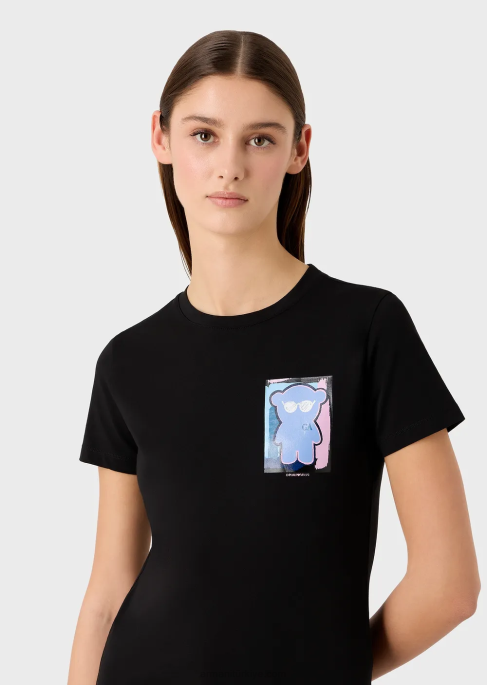 kadınlar Armani manga ayı baskılı streç jarse tişört siyah T8HD453