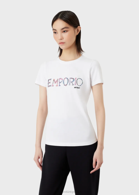 kadınlar Armani çok renkli logo işlemeli organik streç jarse tişört beyaz T8HD461