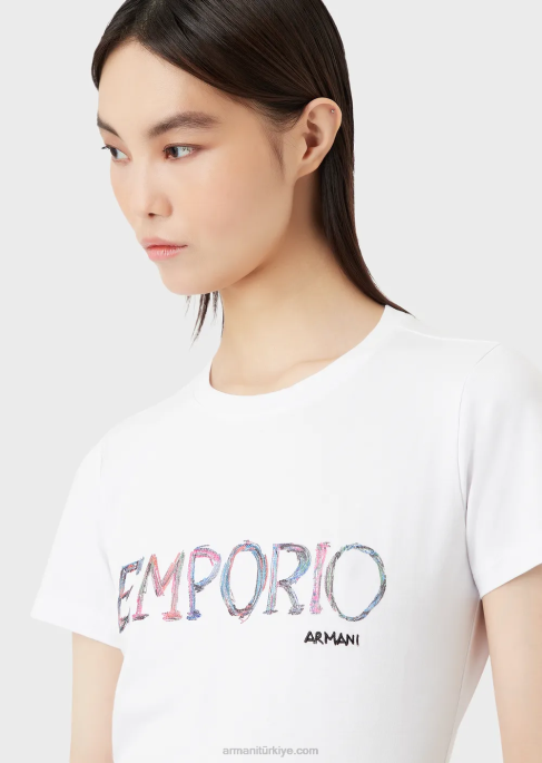 kadınlar Armani çok renkli logo işlemeli organik streç jarse tişört beyaz T8HD461