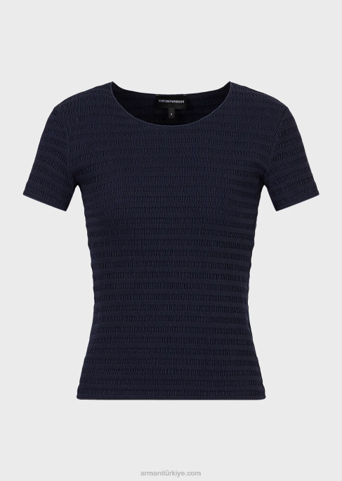 kadınlar Armani organik kabartmalı jakarlı jarseden kısa kollu kazak lacivert T8HD473