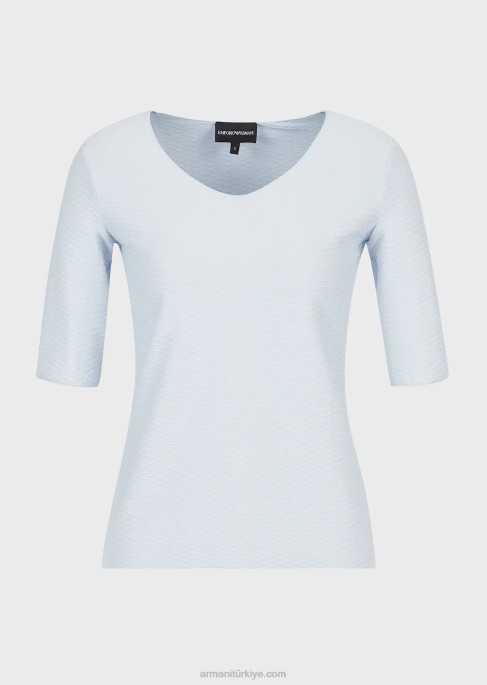 kadınlar Armani streç jakarlı naylon v yaka kazak masmavi T8HD476