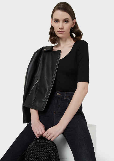 kadınlar Armani truvakar kollu viskon streç jarse kazak siyah T8HD481