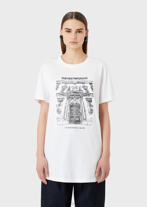 kadınlar Armani via borgonuovo baskılı yamalı organik jarse büyük beden tişört beyaz T8HD456
